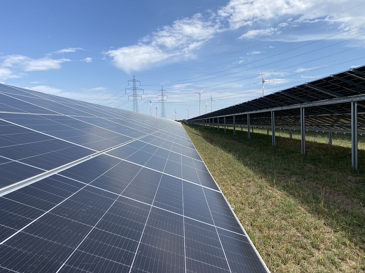 Feld mit Photovoltaik-Anlage